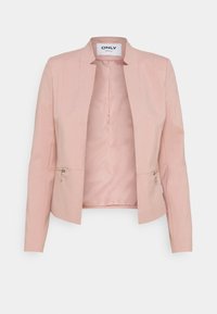 Růžový blazer se strukturovaným designem, tailoringovým límcem, zipovými předními kapsami a hladkou podšívkou. Minimalistický styl s čistými liniemi.