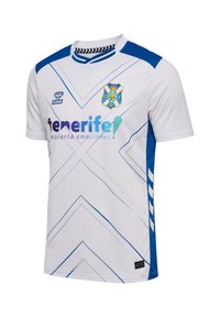 Vit sporttröja med blå accenter och chevronmönster. Har en blå krage och axeldelar, logotyp framtill och texten "tenerife!"
