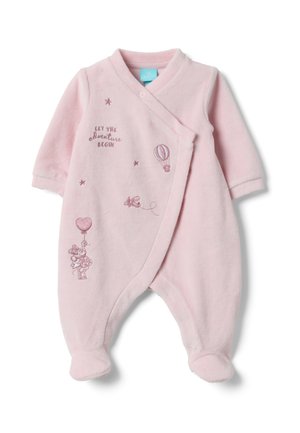 Weicher rosa Baby-Strampler mit langen Ärmeln und Füßen, mit besticktem Heißluftballon, Sternen, Hase und Text "Let the adventure begin".