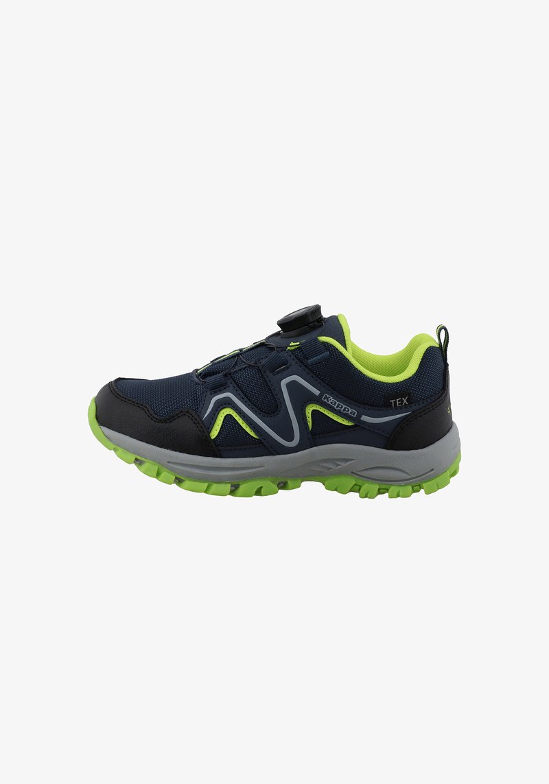 Chaussure de sport bleu foncé et vert néon avec semelle texturée, fermeture à cadran de lacets et col rembourré, conçue pour les activités en extérieur.