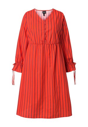 Rot-blau gestreiftes Kleid mit V-Ausschnitt, langen Ärmeln und Knopfverschluss. Elastische Bündchen mit Bindebändern und lockerer Passform.