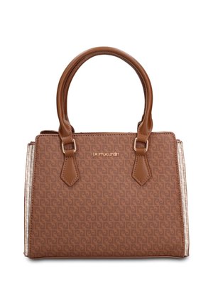 Borsa da designer marrone con motivo monogramma, doppi manici arrotondati e placca metallica con logo al centro frontale.