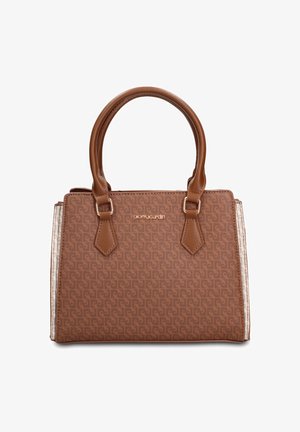 Borsa da designer marrone con motivo monogramma, doppi manici arrotondati e placca metallica con logo al centro frontale.