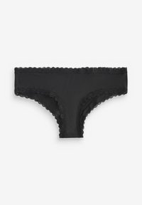 Sous-vêtements noirs bordés de dentelle, en matière douce et lisse, avec des bords festonnés délicats autour de la ceinture et des ouvertures des jambes.
