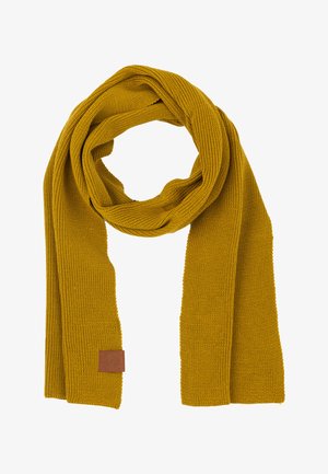 Zgniataną musztardową szalik o gładkiej strukturze, z prążkowanymi krawędziami i małym skórzanym metką jako akcentem. Długi, prostokątny kształt.