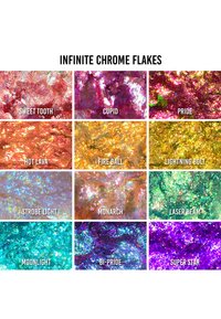 Flakes di cromo colorati in varie tonalità: rosa, rosso, arancione, giallo, blu e verde. Ogni sezione etichettata con nomi come "Sweet Tooth" e "Pride".