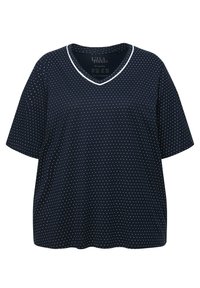 Námořnická modrá tričko s V-výstřihem a krátkými rukávy, zdobené bílými puntíky a kontrastním bílým lemem kolem výstřihu. Měkká textilie.