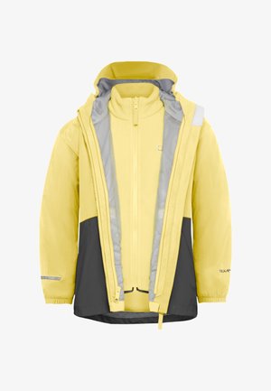 Gelbe und graue wasserdichte Jacke mit Reißverschluss vorne, Netzfutter, verstellbarer Kapuze und reflektierenden Akzenten. Mit mehrlagigem Design.