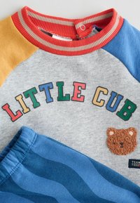 Grau Sweatshirt mit "LITTLE CUB" in bunten Buchstaben, orange, blau und gelbe Akzente. Enthält einen braunen Teddybär-Patch. Blau gestreifte Hose.