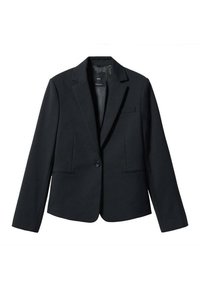 Zwarte blazer van soepele stof, met een gelapte kraag, een enkele knoopsluiting, twee voorzakken en een getailleerde pasvorm.