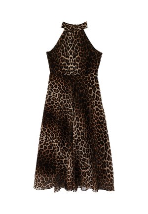 Ærmeløs kjole med halterneck og leopardprint i brune og sorte nuancer, figursyet talje og flydende A-formet nederdel.