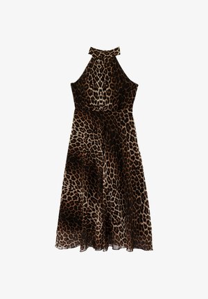 Mouwloze halterjurk met bruine en zwarte luipaardprint, getailleerde taille en vloeiende A-lijn rok.