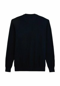 Pull noir à manches longues en maille lisse, avec un col rond et des poignets et un ourlet côtelés.