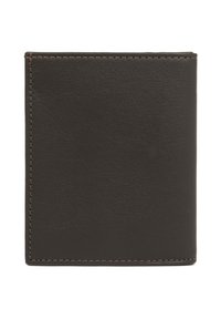 Portefeuille en cuir marron foncé fermé avec des coutures visibles le long des bords, présenté sur un fond blanc.