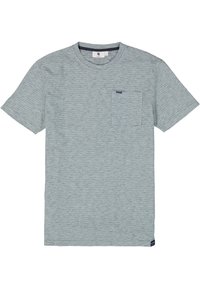 Grau gestreiftes Kurzarm-T-Shirt aus weichem Stoff, mit einer Brusttasche und einem kleinen Logosticker an der Seite.