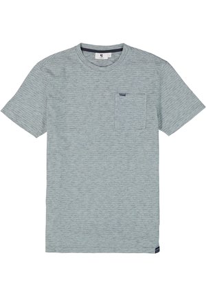 Grijs gestreept t-shirt met korte mouwen, gemaakt van zachte stof, met een borstzak en een klein logo etiket aan de zijkant.