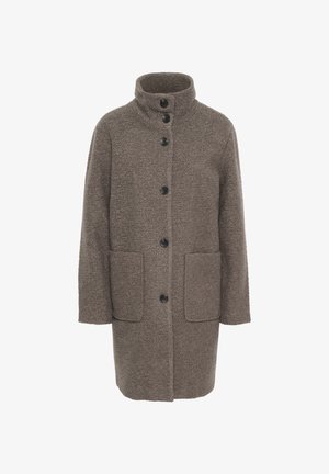 Vlněný kabát v šedohnědé barvě s texturovaným povrchem, vysokým límcem, zapínáním na přední knoflíky a dvěma předními kapsami. Obsahuje černé knoflíky.