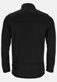 Zwarte lange mouwen shirt met hoge kraag, voorzien van een textuurontwerp, platte naden en een klein logo op de linkermouw.