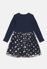 VESTIDO azul marinho de manga longa com parte superior brilhante e saia de tule adornada com padrões de laços metálico rosa dourado.