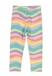 Colorful leggings featuring a wavy pattern in pastel shades of pink, blue, green, and yellow with a stretchy, smooth fabric.