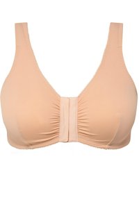 Sujetador beige con una textura suave, fabricado con un tejido blando y un diseño fruncido en el frontal. Cuenta con tirantes anchos y un cierre en la parte delantera.