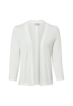 Witte cardigan met open voorkant en driekwart mouwen, gemaakt van lichte gebreide stof, met een klein merkembleem aan de binnenkant van de halslijn.