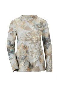 Lange mouw top in lichtgrijs met een bloemenpatroon in blauw, beige en gouden accenten. Zachte stof met een licht gestructureerde afwerking.
