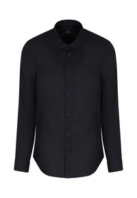 Camicia nera a maniche lunghe con bottoni, realizzata in un tessuto liscio; presenta un colletto classico, bottoni frontali e un logo discreto sul petto.