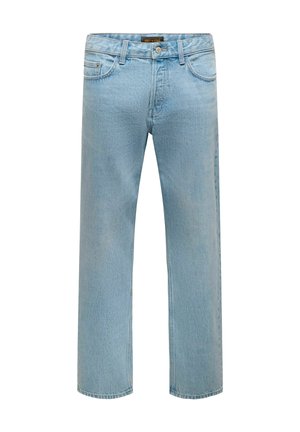 Jean en denim bleu clair coupe droite, fermeture à boutons devant, passants de ceinture et design classique à cinq poches.