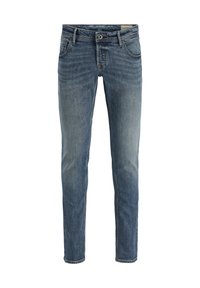 Jeans din denim albastru cu o croială dreaptă, având un finisaj decolorat, cinci buzunare și închidere frontală cu nasture. Finalizate cu detalii de cusut discrete.