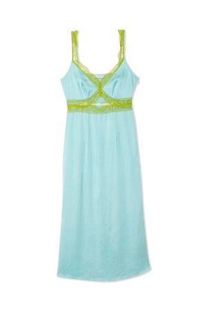 Chemise bleu clair avec bretelles réglables, ornée de délicates bordures en dentelle vert citron et d'un design croisé au niveau de la poitrine et de la taille.