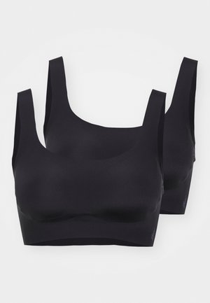 Schwarze kabellose BHs mit breiten Trägern, glatter Textur und nahtlosem Design. Zwei Stücke vor einem weißen Hintergrund präsentiert.