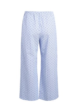 Lyseblå pyjamasbukser med lodrette sorte striber og små prikker. Har elastisk talje og brede, løstsiddende ben.