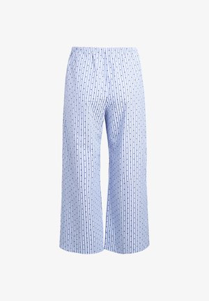 Lyseblå pyjamasbukser med lodrette sorte striber og små prikker. Har elastisk talje og brede, løstsiddende ben.