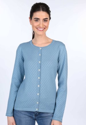 Helles blauer Cardigan mit einer strukturierten Musterung, rundem Halsausschnitt und Knopfverschluss vorne. Besitzt lange Ärmel und gerippte Details.
