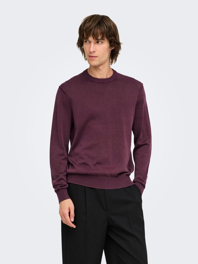 Jeune homme aux cheveux châtains mi-longs, portant un pull bordeaux col rond et un pantalon noir, regardant vers sa gauche.