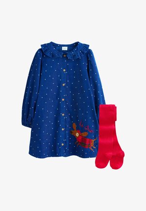 Sinine kordüördress valgete täppidega, volangkrae, nööbid ees ja tikandiga koera detail. Koos punaste sukkpükstega.