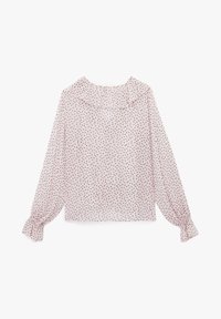 Lichtroze blouse met een gerimpelde halslijn, lange mouwen en elastische manchetten. Heeft een stippenpatroon in donkerbruin.