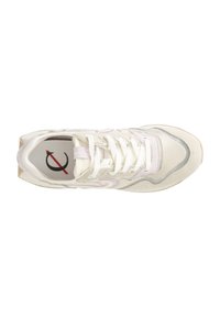 Sneakers i beige och ljusrosa; har ett texturerat mockaskinn, vita snören och en mönstrad sula. Inkluderar en logotyp på innersulan.