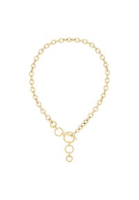Collier en chaîne en métal doré avec des maillons ronds, un fermoir à bascule et un accent en forme de goutte avec des détails circulaires. Texture lisse, design uniforme.