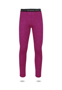 Enganliegende Sportleggings in einem lebhaften Purpurton, gefertigt aus einem dehnbaren, strukturierten Material, mit einem schwarzen Bund, der mit dem Branding 'OUTDOOR SPORTS' versehen ist.