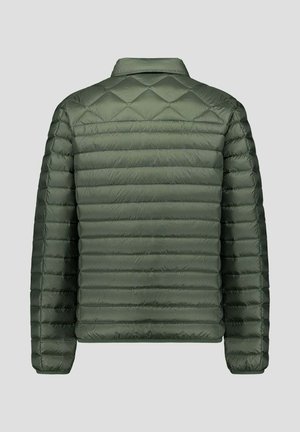 Giacca trapuntata verde oliva con cuciture orizzontali e a forma di diamante, maniche lunghe e colletto corto, vista posteriore.