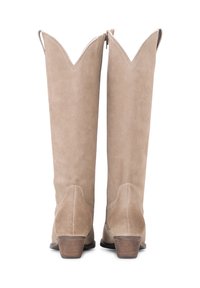 Stivali in suede beige al ginocchio con punta appuntita, chiusura con zip sul retro e tacco a blocco. Texture liscia con dettagli di cucitura minimi.