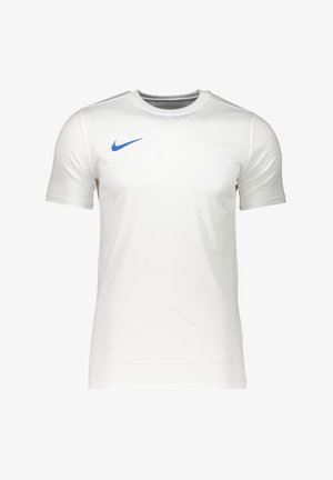 Maglietta sportiva bianca in tessuto sintetico, con il logo blu della Nike in alto a sinistra e design a girocollo.