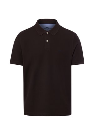 Schwarzes Poloshirt mit kurzen Ärmeln, zwei Knöpfen und Kragen, vor weißem Hintergrund dargestellt.