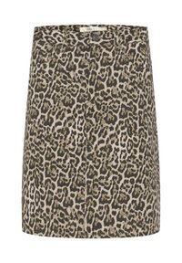 Džínová sukňa s leopardím vzorom, priliehavého strihu, so svetlo béžovým podkladom a tmavohnedými škvrnami, klasickým dizajnom s piatimi vreckami a predným zapínaním na gombík.