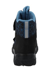 Schwarzer und blauer Knöchelstiefel mit geometrischem Muster, Klettverschluss, grob strukturiertem Gummisohle, weicher blauer Innenausstattung und reflektierenden Details auf der Rückseite.