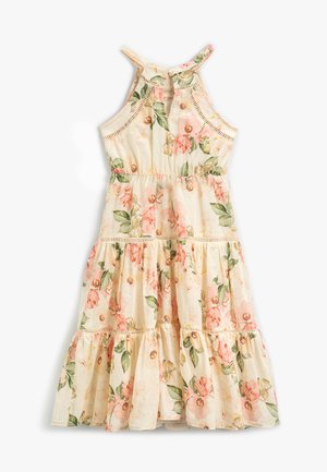 Abito di cotone floreale con sfondo crema, decorato con rose rosa e foglie verdi, gonna a campana e spalline regolabili.