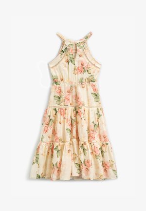 Abito di cotone floreale con sfondo crema, decorato con rose rosa e foglie verdi, gonna a campana e spalline regolabili.