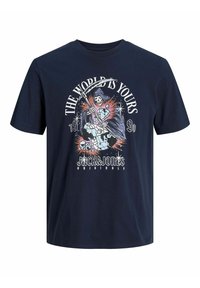 T-shirt en coton bleu marine avec un imprimé graphique représentant un squelette tenant une faux, avec le texte "LE MONDE EST À VOUS" et le logo Jack & Jones.